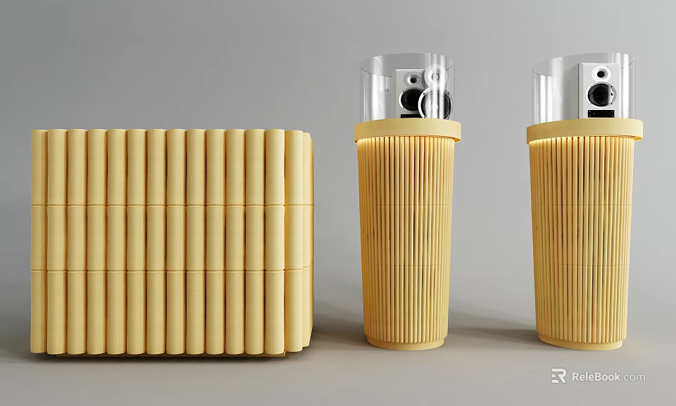 Yellow Reception Desks With Long Rectangular And Cylindrical Designs Transparent Tops And Black Devices 3d model 