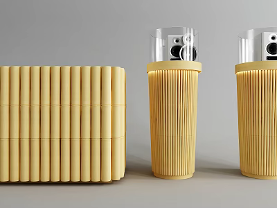 Yellow Reception Desks With Long Rectangular And Cylindrical Designs Transparent Tops And Black Devices 3d model