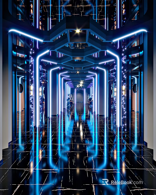 Modern Style KTV Corridor Interior With Bright Neon Lights And Mirrored Floors 3d model 