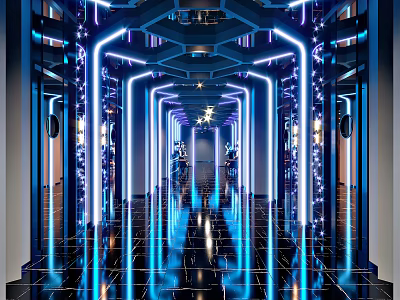 Modern Style KTV Corridor Interior With Bright Neon Lights And Mirrored Floors 3d model