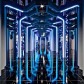 Modern Style KTV Corridor Interior With Bright Neon Lights And Mirrored Floors