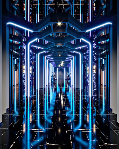 Modern Style KTV Corridor Interior With Bright Neon Lights And Mirrored Floors 3d model
