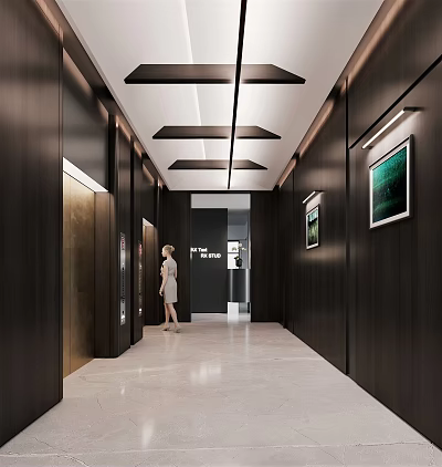 Elevator Hallway With Dark Wooden Walls Geometric Ceiling Light Marble Flooring And Green Paintings 3d model