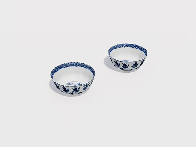 Elegant Dinnerware Set With Two Blue And White Bowls Floral Pattern Design 3d model