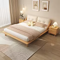Double Bed With Wooden Frame Upholstered Headboard Nightstands And Decorative Paintings In Cozy Bedroom