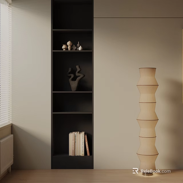 Modern Layered Beige Floor Lamp Beside Black Bookshelf with Books and Decorative Sculptures 3d model 