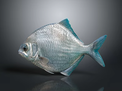Silver Fish with Blue Fins and Tail Shiny Scales on Dark Background and Reflection 3d model