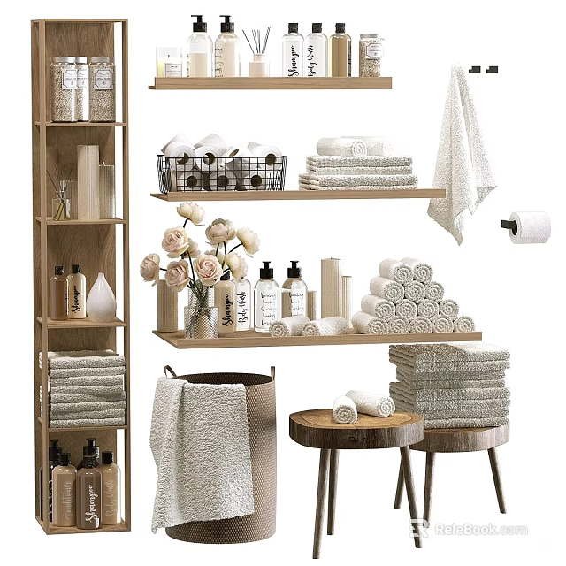 Organized Washing Daily Supplies With Shelves Towels Bottles Baskets And Toilet Paper 3d model 