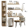 Organized Washing Daily Supplies With Shelves Towels Bottles Baskets And Toilet Paper