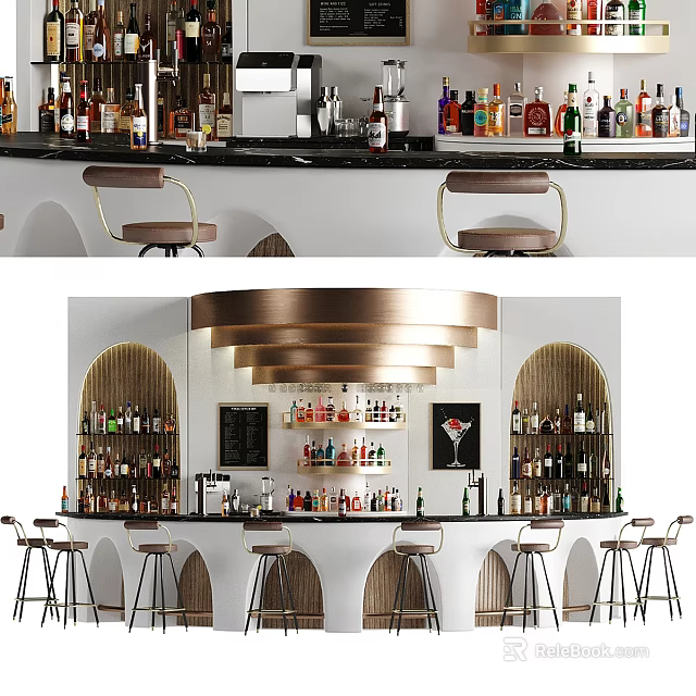 Stylish Modern Bar Interior With Various Liquor Bottles Bar Stools And Pendant Lights 3d model 