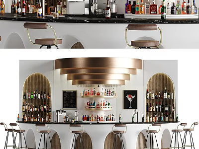 Stylish Modern Bar Interior With Various Liquor Bottles Bar Stools And Pendant Lights 3d model