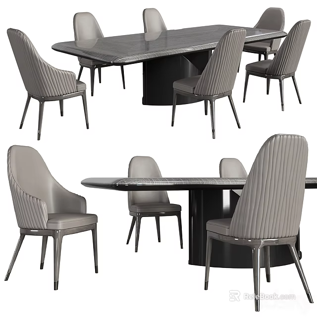 Modern Dining Table Set with Gray Striped Upholstered Chairs and Sleek Dark Tabletop 3d model