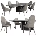 Modern Dining Table Set with Gray Striped Upholstered Chairs and Sleek Dark Tabletop 3d model