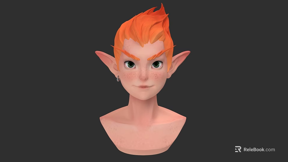 Game and Movie Character Head Design With Orange Hair Pointed Ears Green Eyes And Freckles 3d model 