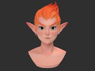 Game and Movie Character Head Design With Orange Hair Pointed Ears Green Eyes And Freckles 3d model