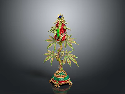 Ornate Decorative Sculpture With Golden Stem Green Leaves Red Flowers And Green Gold Base 3d model
