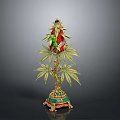 Ornate Decorative Sculpture With Golden Stem Green Leaves Red Flowers And Green Gold Base