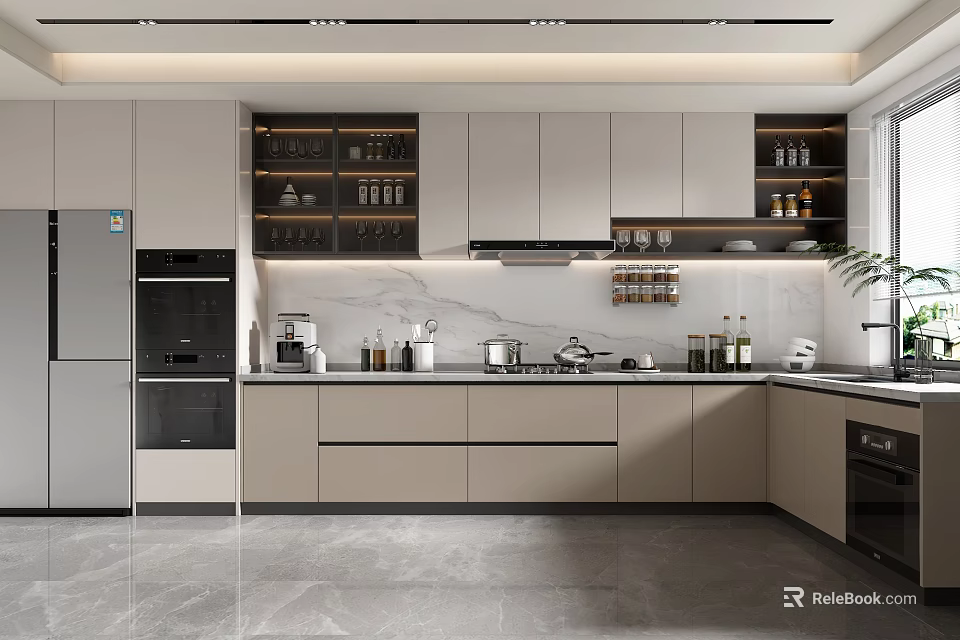 Modern Kitchen Interior With White Cabinets Marble Countertop And Stainless Steel Appliances 3d model 