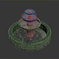 Multi Tiered Stone Fountain With Circular Base And Green Border 3d model