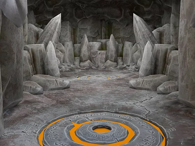 Ancient Cave Interior With Stone Pillars Circular Orange Gray Pattern And Ancient Symbols 3d model