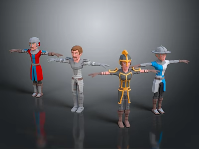 Four 3D Characters In Various Armored Costumes Standing With Extended Arms 3d model