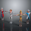 Four 3D Characters In Various Armored Costumes Standing With Extended Arms