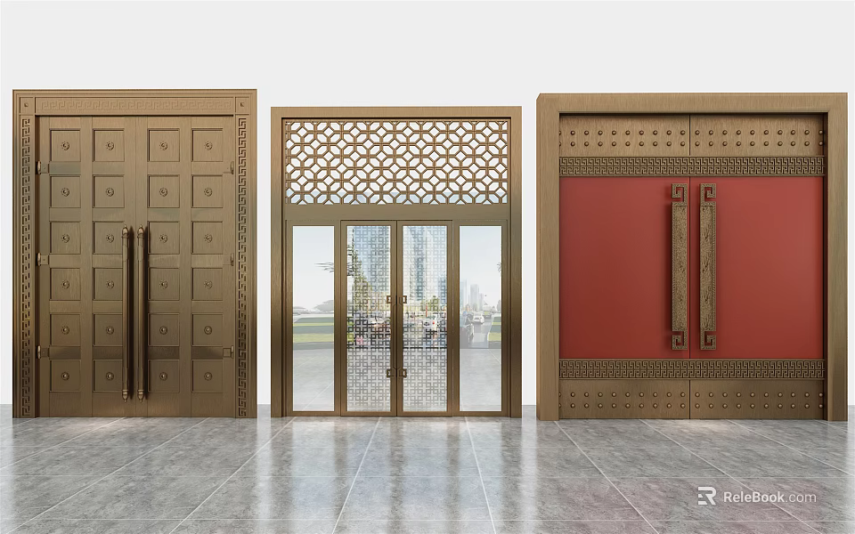 Elegant Entrance Doors With Brass Square Patterns Lattice Glass And Red Decorative Handles 3d model 
