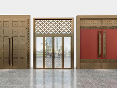 Elegant Entrance Doors With Brass Square Patterns Lattice Glass And Red Decorative Handles 3d model