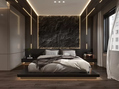 Modern Bedroom Interior Design With Textured Wall Ambient Lighting Platform Bed And Wooden Flooring 3d model