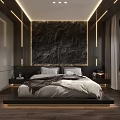 Modern Bedroom Interior Design With Textured Wall Ambient Lighting Platform Bed And Wooden Flooring