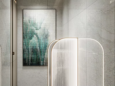 Modern Elegant Public Toilet With Marble Tiled Walls Illuminated Glass Partitions And Exquisite Wall Painting 3d model