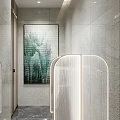 Modern Elegant Public Toilet With Marble Tiled Walls Illuminated Glass Partitions And Exquisite Wall Painting