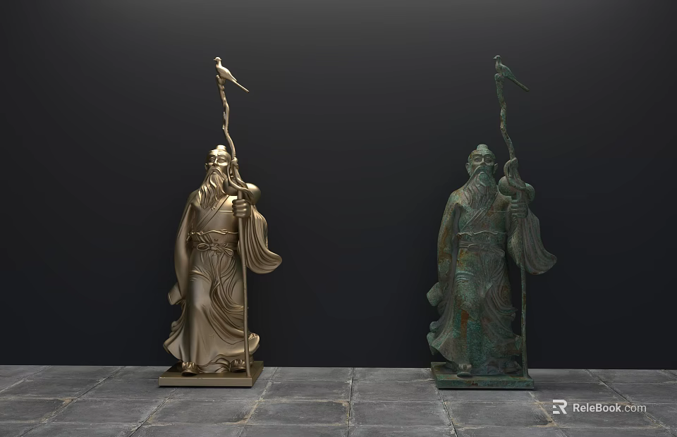 Golden and Bronze Human Figure Landscape Sculptures Holding Pole Bird Flag on Stone Base 3d model 