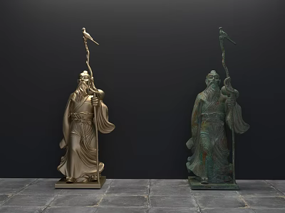 Golden and Bronze Human Figure Landscape Sculptures Holding Pole Bird Flag on Stone Base 3d model