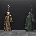 Golden and Bronze Human Figure Landscape Sculptures Holding Pole Bird Flag on Stone Base