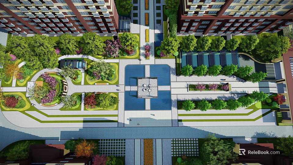 Residential Landscape With High Rise Buildings Central Square And Lush Green Gardens 3d model 