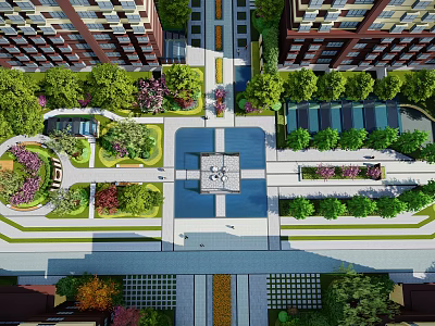 Residential Landscape With High Rise Buildings Central Square And Lush Green Gardens 3d model