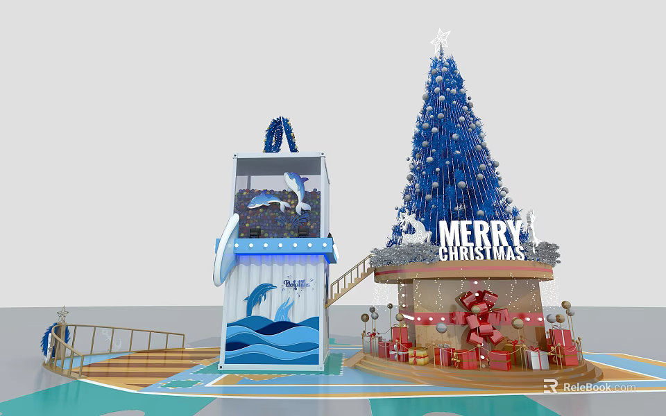 Festive Christmas Scene With Decorated Tree Dolphin Display And Gift Boxes 3d model