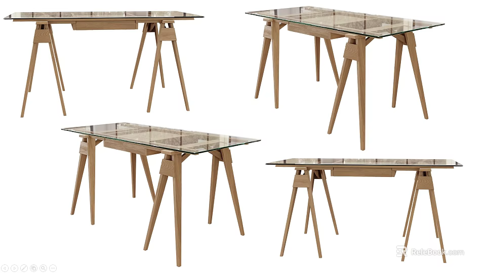 Modern Glass Top Tables With Wooden Legs In Various Designs 3d model 