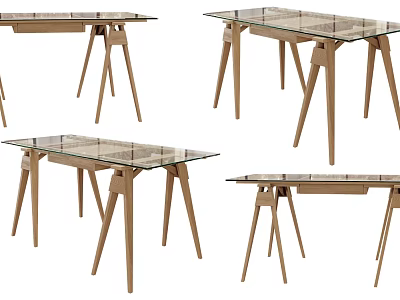 Modern Glass Top Tables With Wooden Legs In Various Designs 3d model