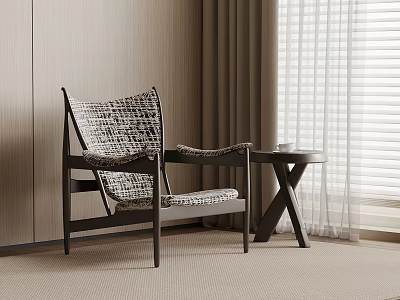 Modern Woven Leisure Chair With Dark Frame And Small Side Table Near Window 3d model