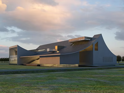 Modern Post Station Architectural Design With Curved Roof Glass Facade And Green Lawn 3d model