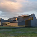 Modern Post Station Architectural Design With Curved Roof Glass Facade And Green Lawn
