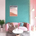 Pastel Living Room Interior With Pink Sofa Teal Walls Green Plants And Round Coffee Table