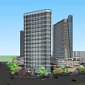 Modern Commercial Street With Pedestrians Modern Buildings Glass Facades And Yellow Circular Structure