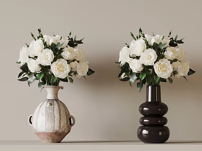 Two Decorative Vases With White Roses And Green Leaves On Light Surface 3d model