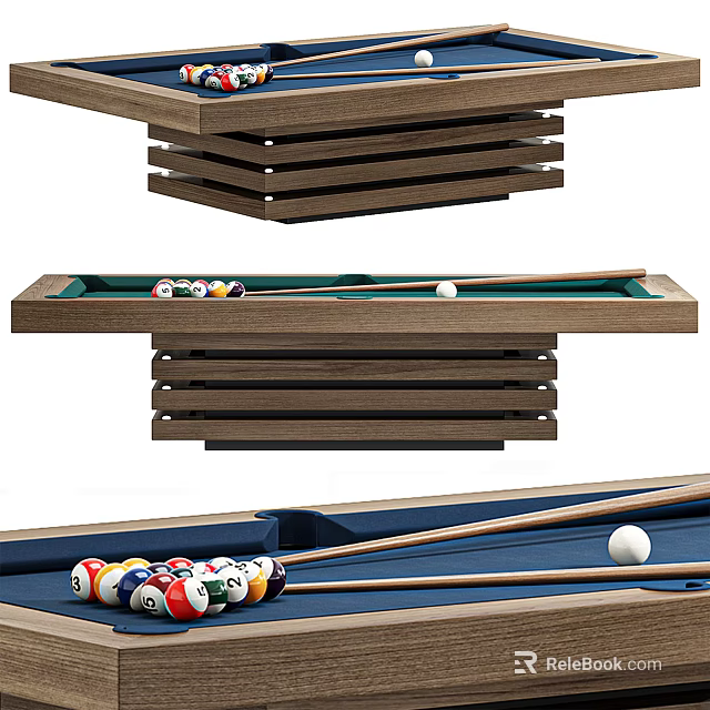 Billiard Room With Stacked Wooden Table Green Felt Cue Sticks And Colorful Balls 3d model 