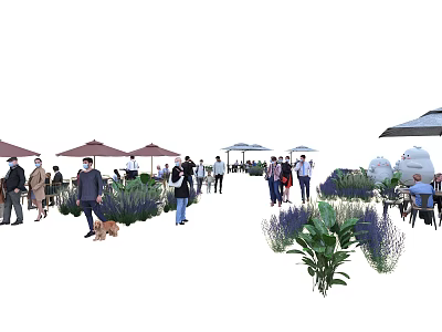 People Strolling And Relaxing In Outdoor Area With Umbrellas Plants And Seats 3d model