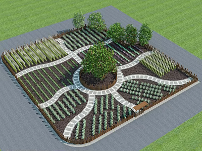 Garden Landscape With Central Tree Cross Paths Various Planted Beds Wooden Fence And Small Shed 3d model