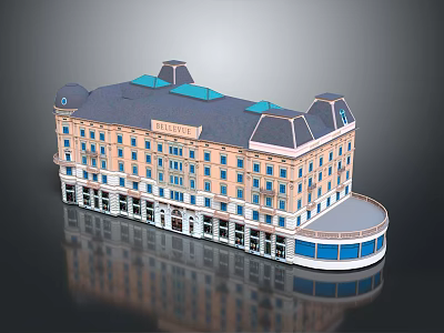 Classical Style Building Featuring Light Colored Facade Blue Roof Multiple Windows And Curved Corner 3d model